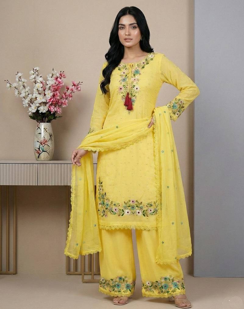 Yellow sequins faux georgette salwar suit
