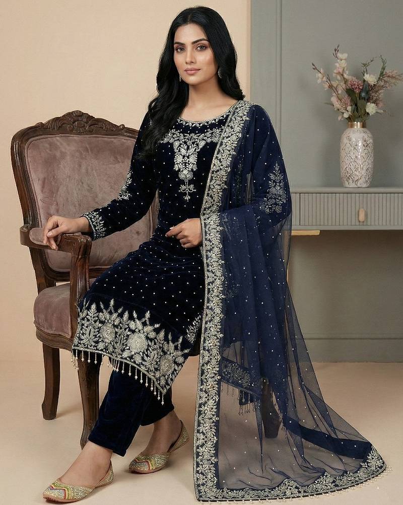 Navy-blue moti pure viscose salwar suit