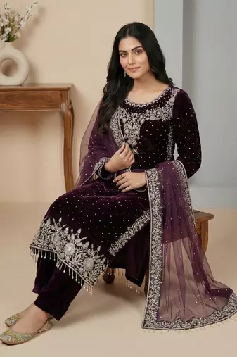 Wine moti pure viscose salwar suit