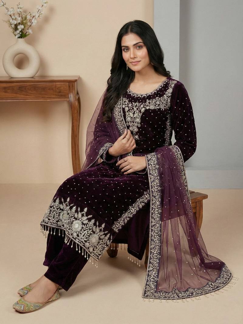 Wine moti pure viscose salwar suit