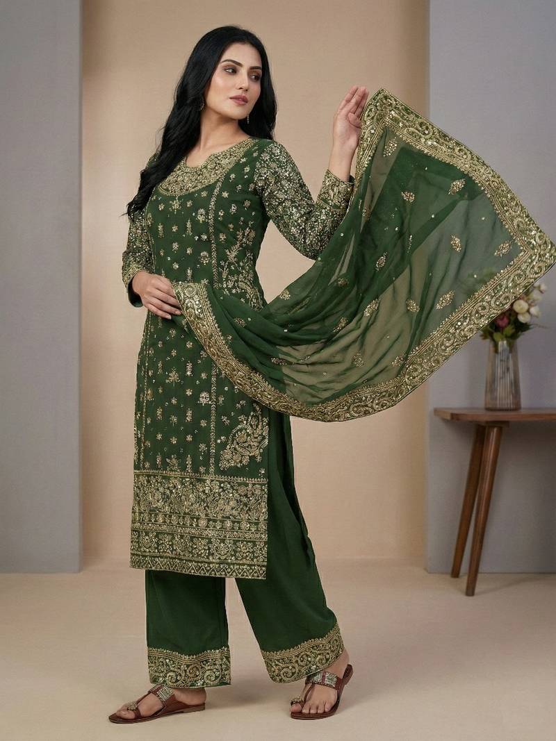 Green sequins faux georgette salwar suit