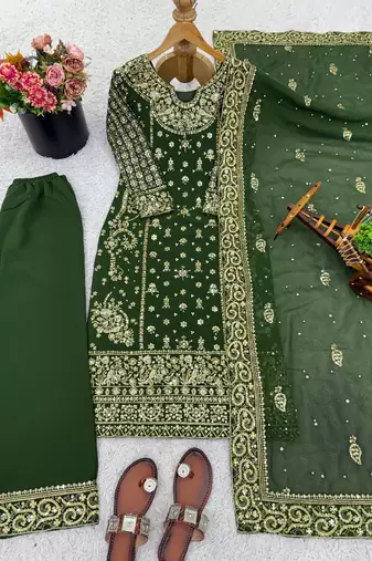 Green sequins faux georgette salwar suit