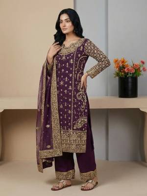 Purple sequins faux georgette salwar suit 1