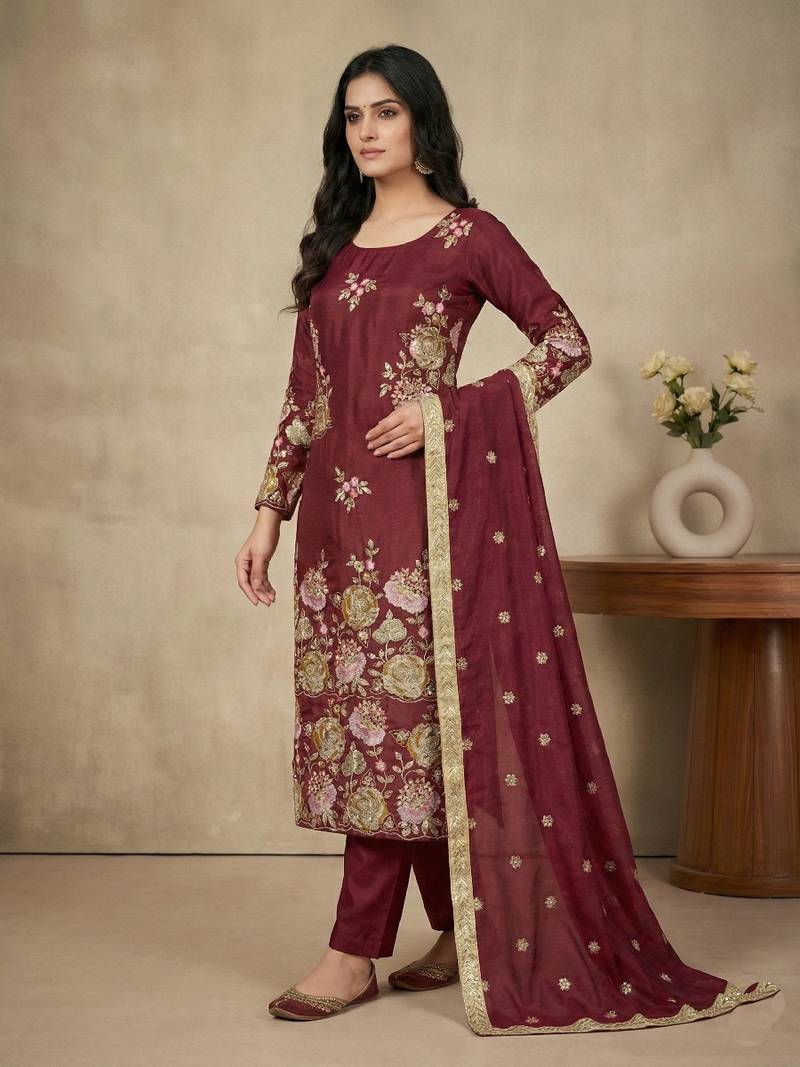 Maroon sequins organza salwar suit