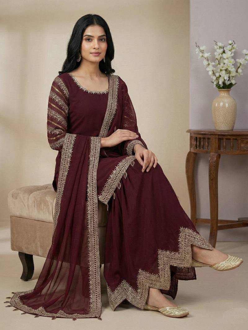 Maroon embroidered faux georgette salwar suit