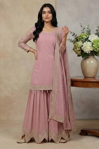 Pink embroidered faux georgette salwar suit