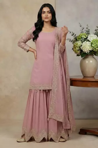 Pink embroidered faux georgette salwar suit