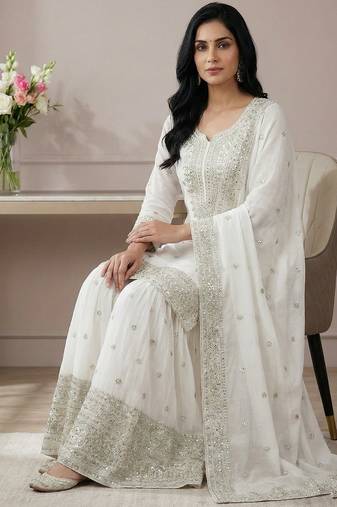 White sequins pure silk salwar suit