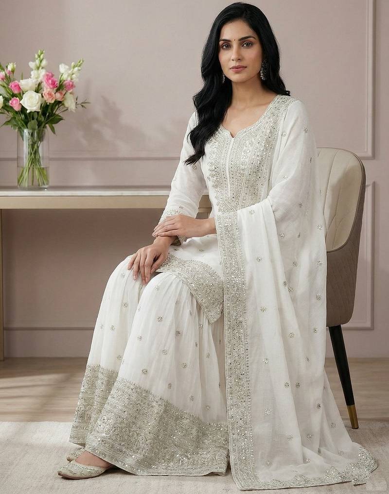 White sequins pure silk salwar suit