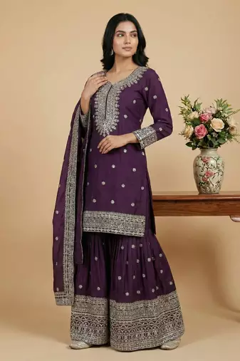 Wine sequins pure silk salwar suit