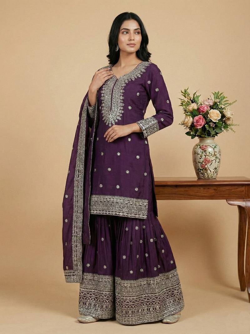 Wine sequins pure silk salwar suit