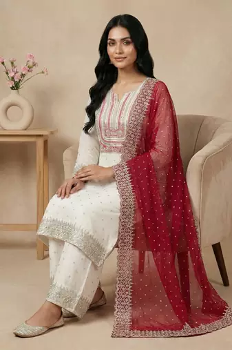 White sequins pure silk salwar suit