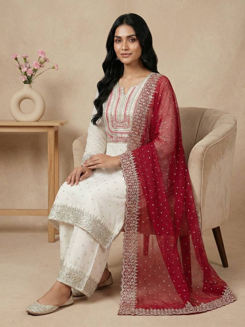 White sequins pure silk salwar suit