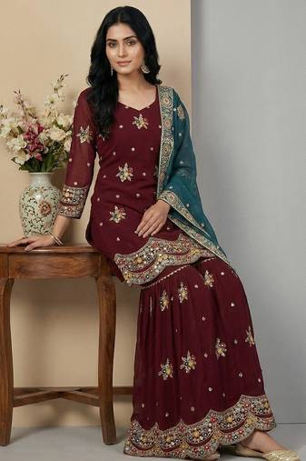 Maroon sequins faux georgette salwar suit