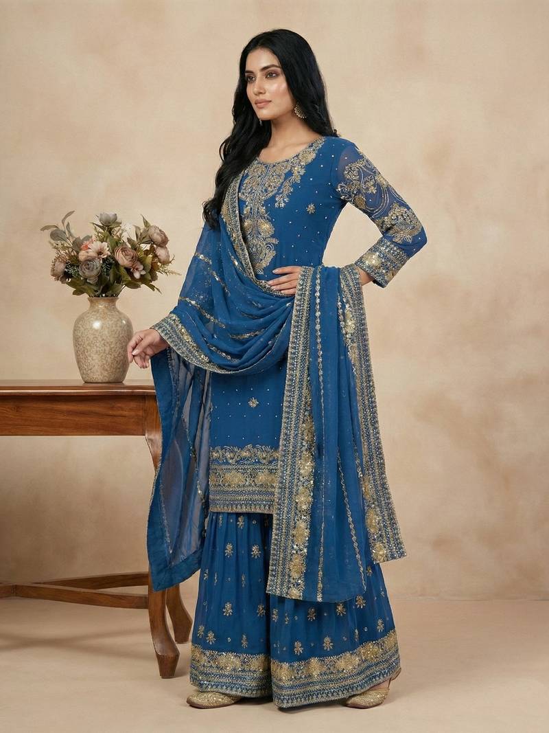 Blue sequins faux georgette salwar suit