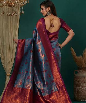 sky purple silk blend banarasi saree with unstitched blouse piece 2
