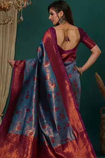 sky purple silk blend banarasi saree with unstitched blouse piece