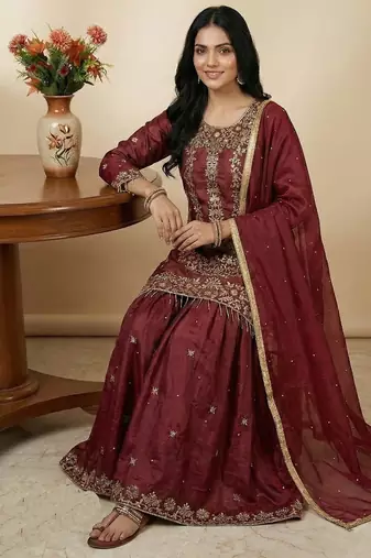 Maroon sequins pure silk salwar suit