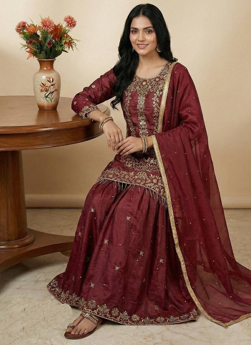 Maroon sequins pure silk salwar suit