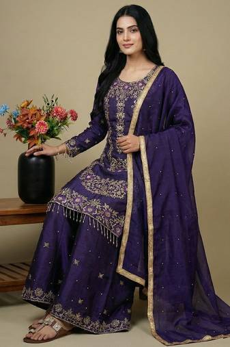 Purple sequins pure silk salwar suit