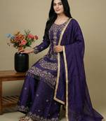 Purple sequins pure silk salwar suit