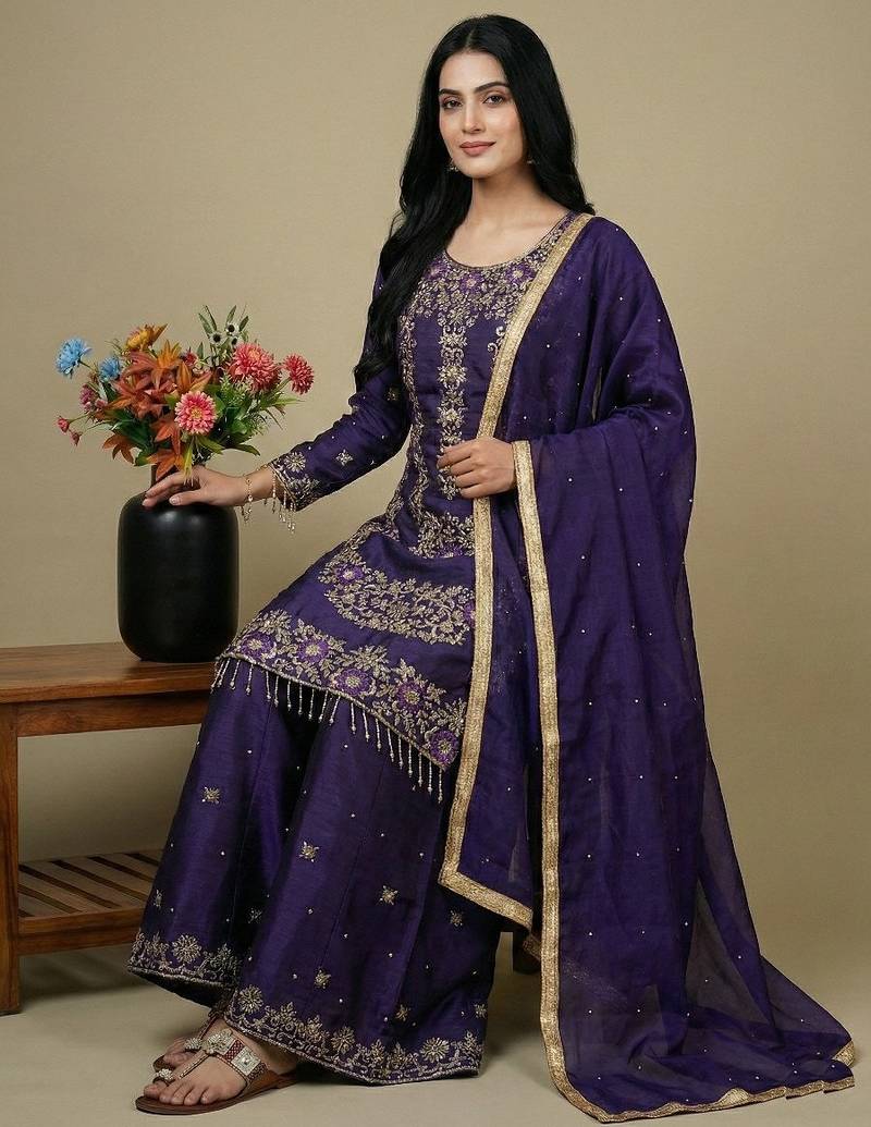 Purple sequins pure silk salwar suit