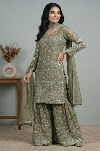 Light-green sequins pure silk salwar suit