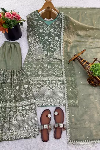 Light-green sequins pure silk salwar suit