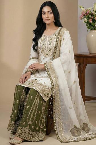 White sequins pure silk salwar suit