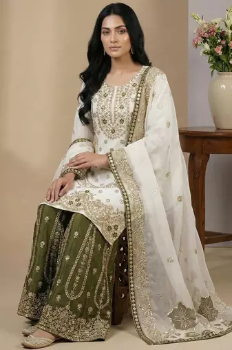 White sequins pure silk salwar suit