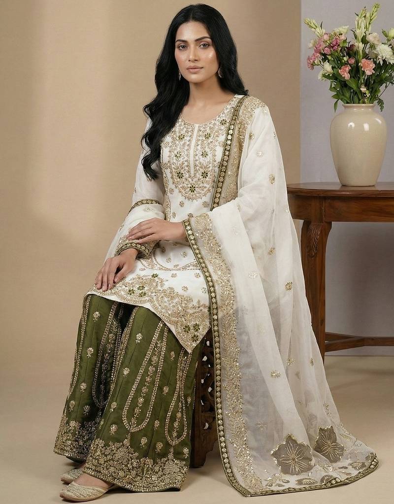 White sequins pure silk salwar suit