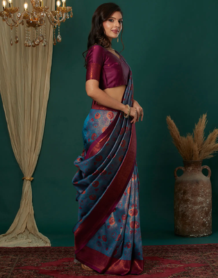 sky purple silk blend banarasi saree with unstitched blouse piece 3