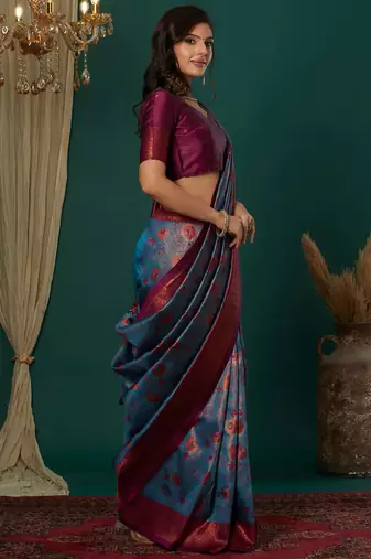 sky purple silk blend banarasi saree with unstitched blouse piece