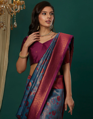 sky purple silk blend banarasi saree with unstitched blouse piece 4