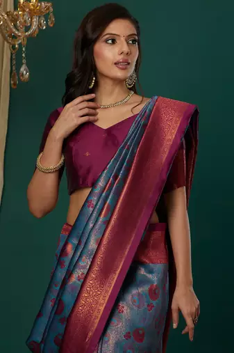 sky purple silk blend banarasi saree with unstitched blouse piece