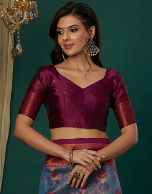 sky purple silk blend banarasi saree with unstitched blouse piece 5