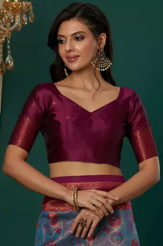 sky purple silk blend banarasi saree with unstitched blouse piece