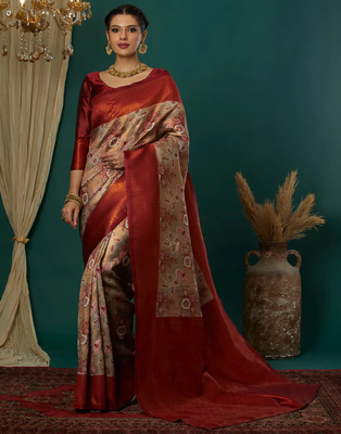 cream maroon silk blend banarasi saree with unstitched blouse piece 1
