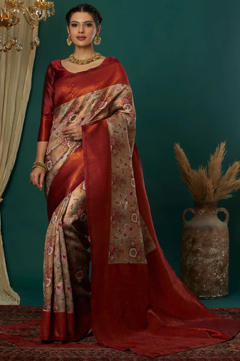Cream maroon   soft silk blend banarasi jacuard work designer party wear saree with unstitched blouse piece