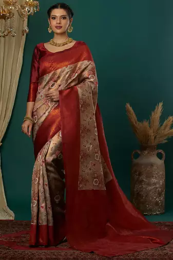 Cream maroon   soft silk blend banarasi jacuard work designer party wear saree with unstitched blouse piece