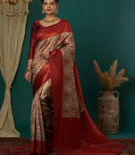 Cream maroon   soft silk blend banarasi jacuard work designer party wear saree with unstitched blouse piece