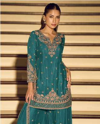 Firozi art silk thread embroidery readymade suits free size up to 42 2