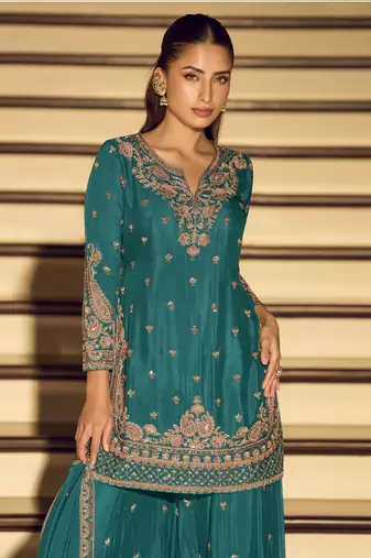 Firozi art silk thread embroidery readymade suits free size up to 42