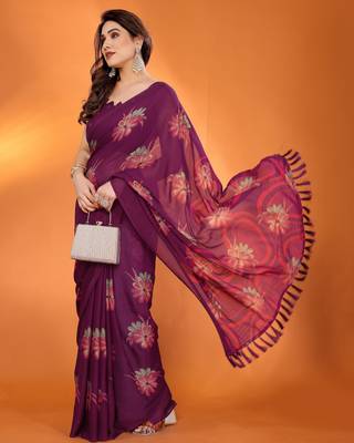 purple georgette casual saree with printed pallu designs 1