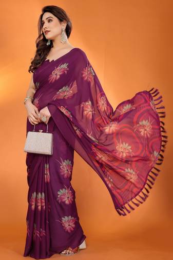 purple georgette casual saree with printed pallu designs