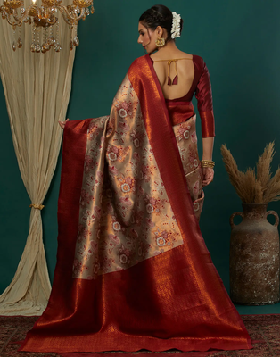 cream maroon silk blend banarasi saree with unstitched blouse piece 2