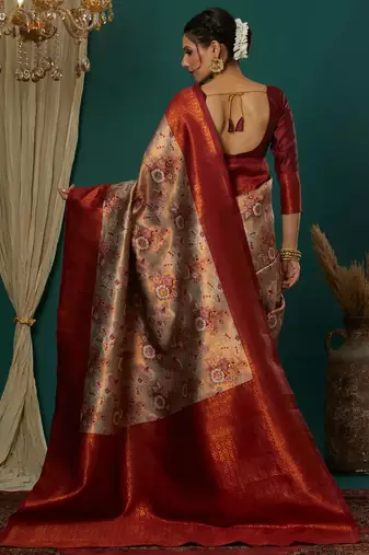 cream maroon silk blend banarasi saree with unstitched blouse piece