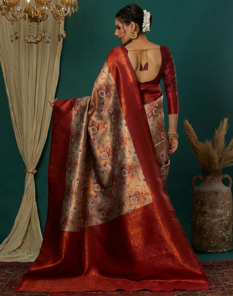 Cream maroon   soft silk blend banarasi jacuard work designer party wear saree with unstitched blouse piece