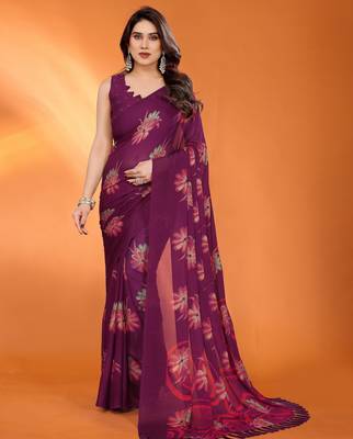 purple georgette casual saree with printed pallu designs 2