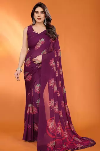 purple georgette casual saree with printed pallu designs
